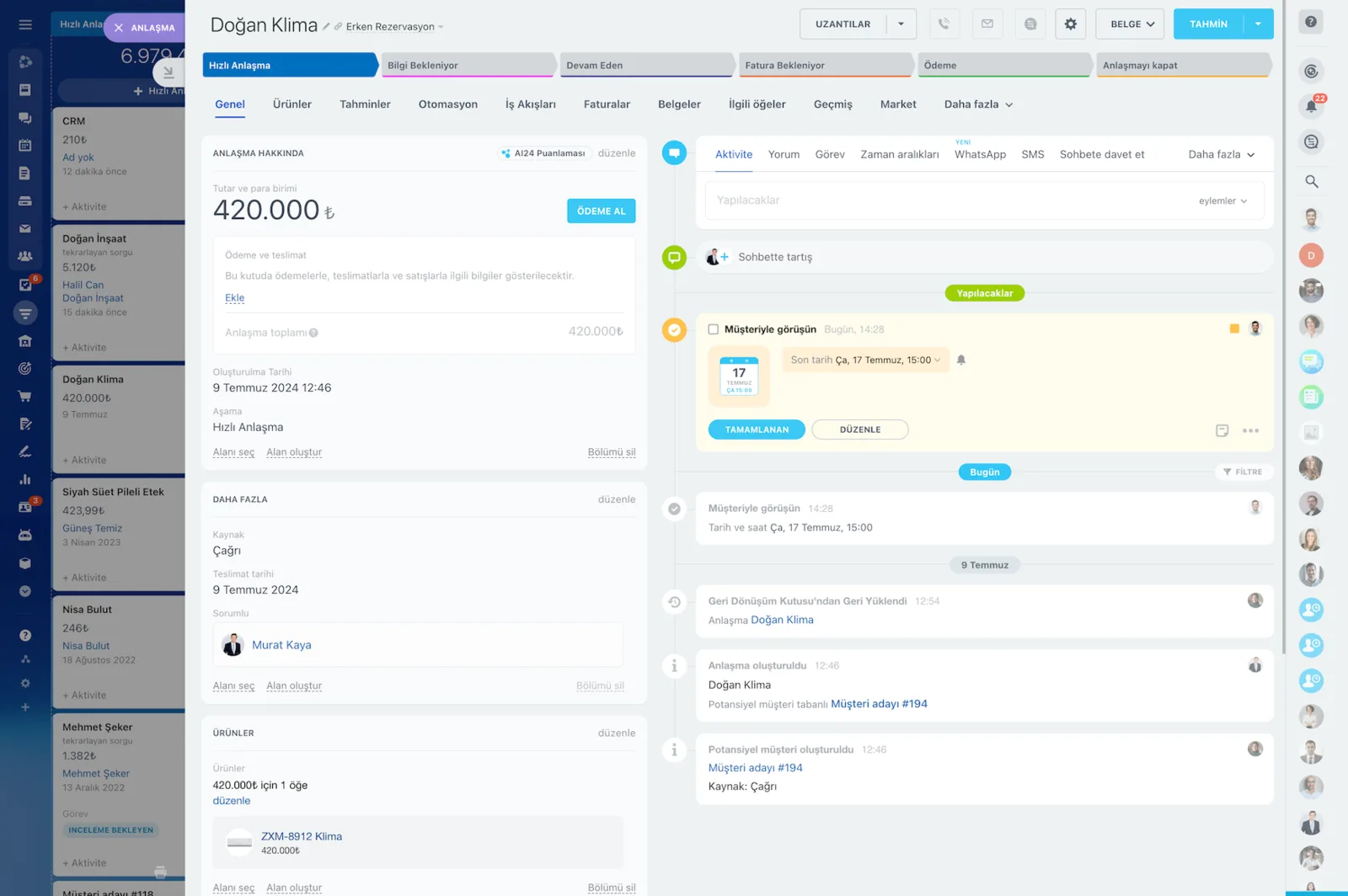 CRM anlaşma kartında tutar, aşama çubuğu ve sağda aktivite ile zaman çizelgesi