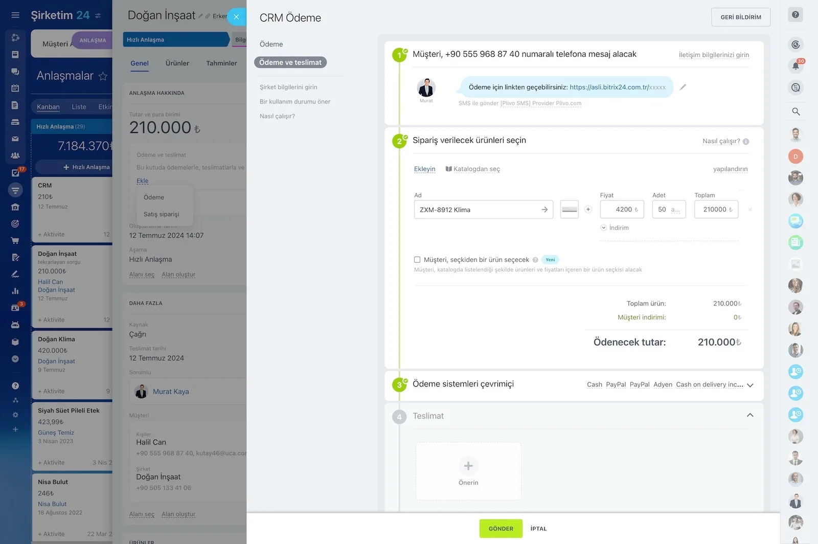 CRM Ödeme sihirbazında ödeme bağlantısı, ürün seçimi ve ödeme sistemleri adımları