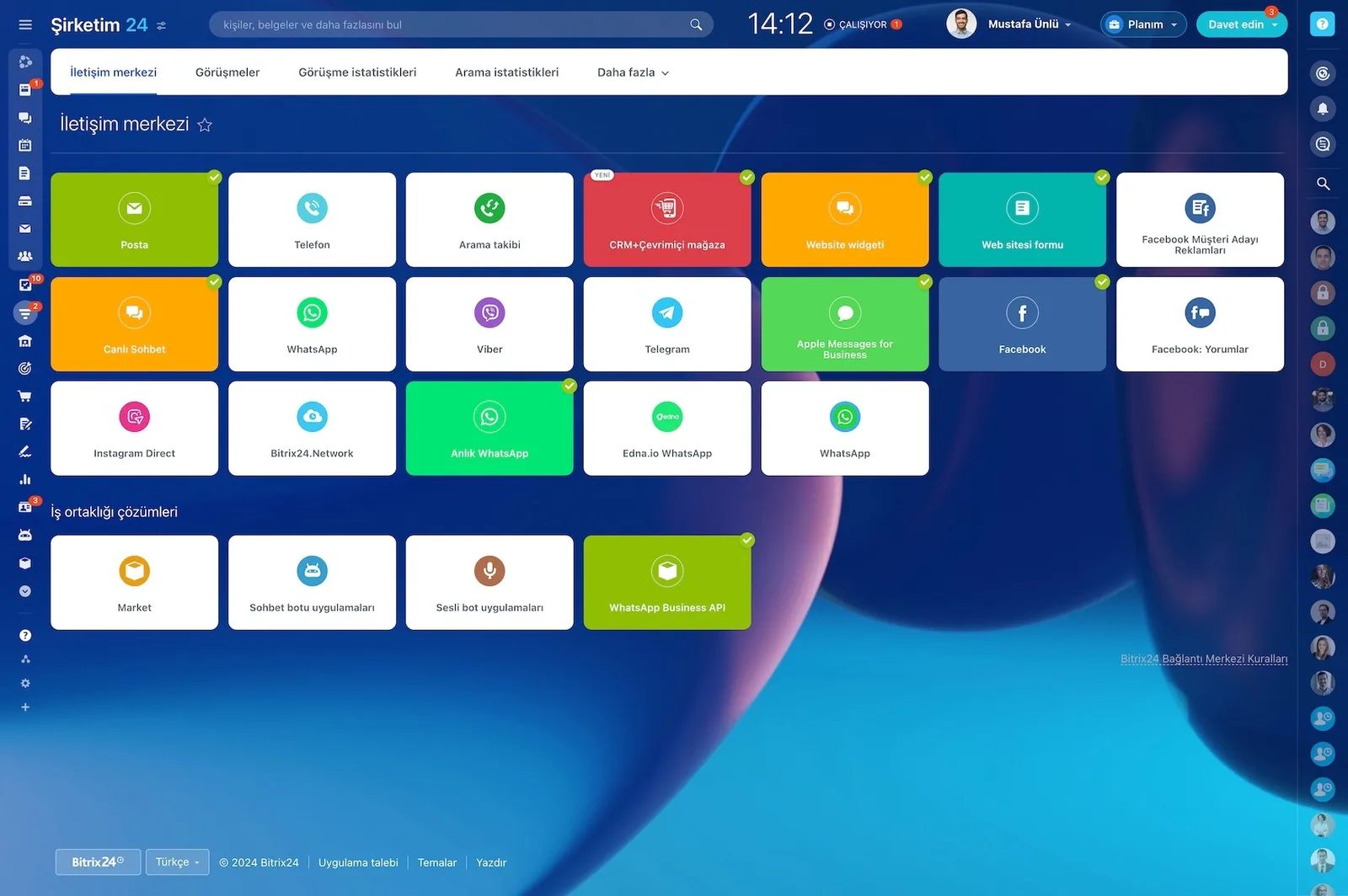 Bitrix24 İletişim Merkezi'nde posta, telefon, WhatsApp, Telegram ve Instagram kanalları