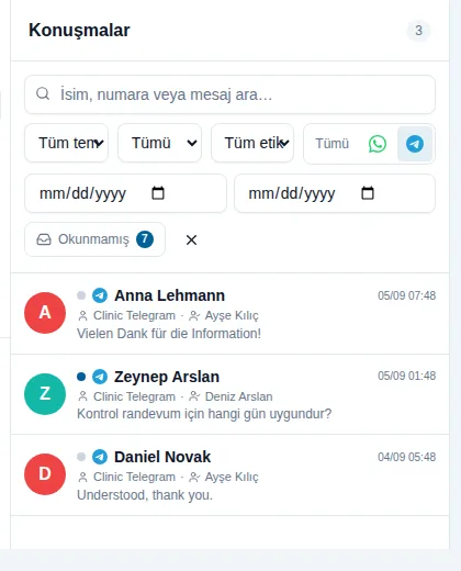 Telegram kanal filtresiyle ayrıştırılmış görüşme listesi