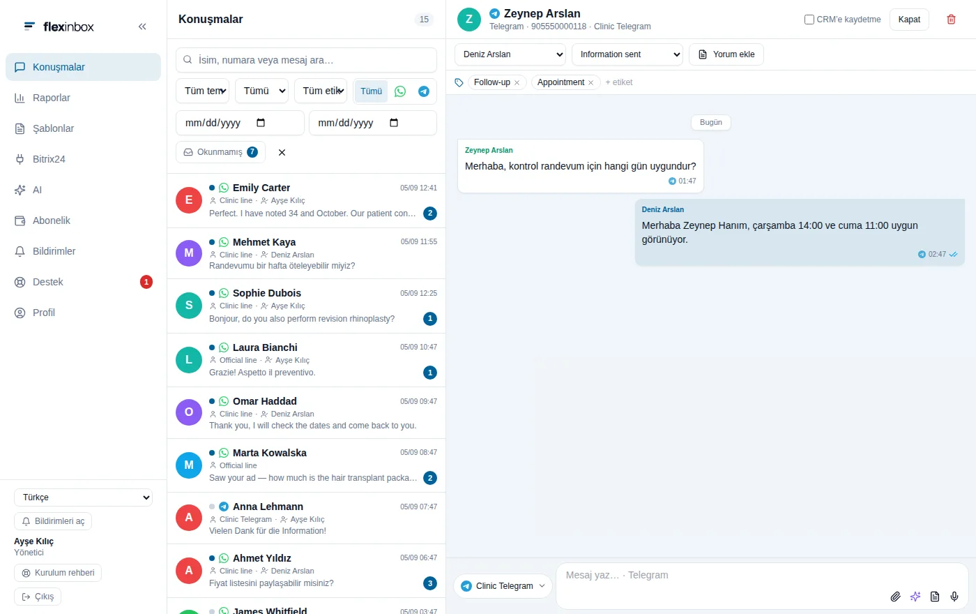 Telegram görüşmesinin CRM kaydıyla birlikte göründüğü panel ekranı