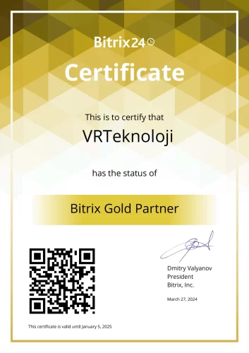 VRTeknoloji Bitrix24 Gold Partner Sertifika